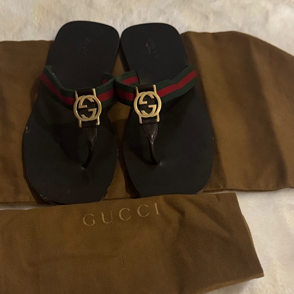 Gucci Black Flip Flops with Gold Logo - Picture 8 of 14